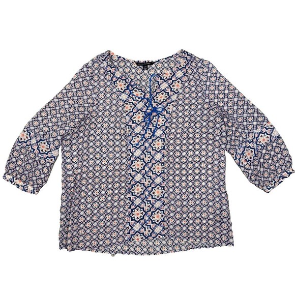 Zac & Rachel Boho Top XL Festival Sheer Blouse Batik Tie Neck Lightweight Hippie - Picture 2 of 5